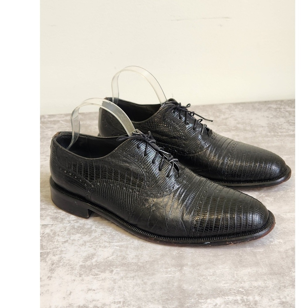 David Eden Men's Lizard Embossed Cap Toe Brogue Oxford Black Shoes 10.5 Formal